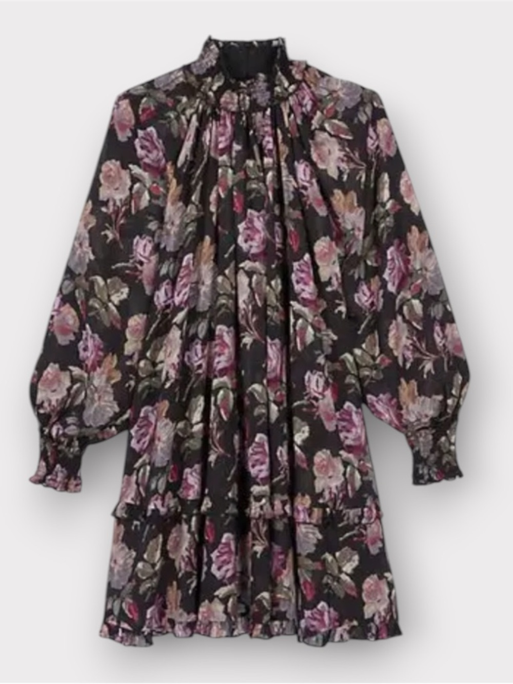 THE KOOPLES NWT English Roses Black Floral Ruffle Neck Dress with Purple Roses